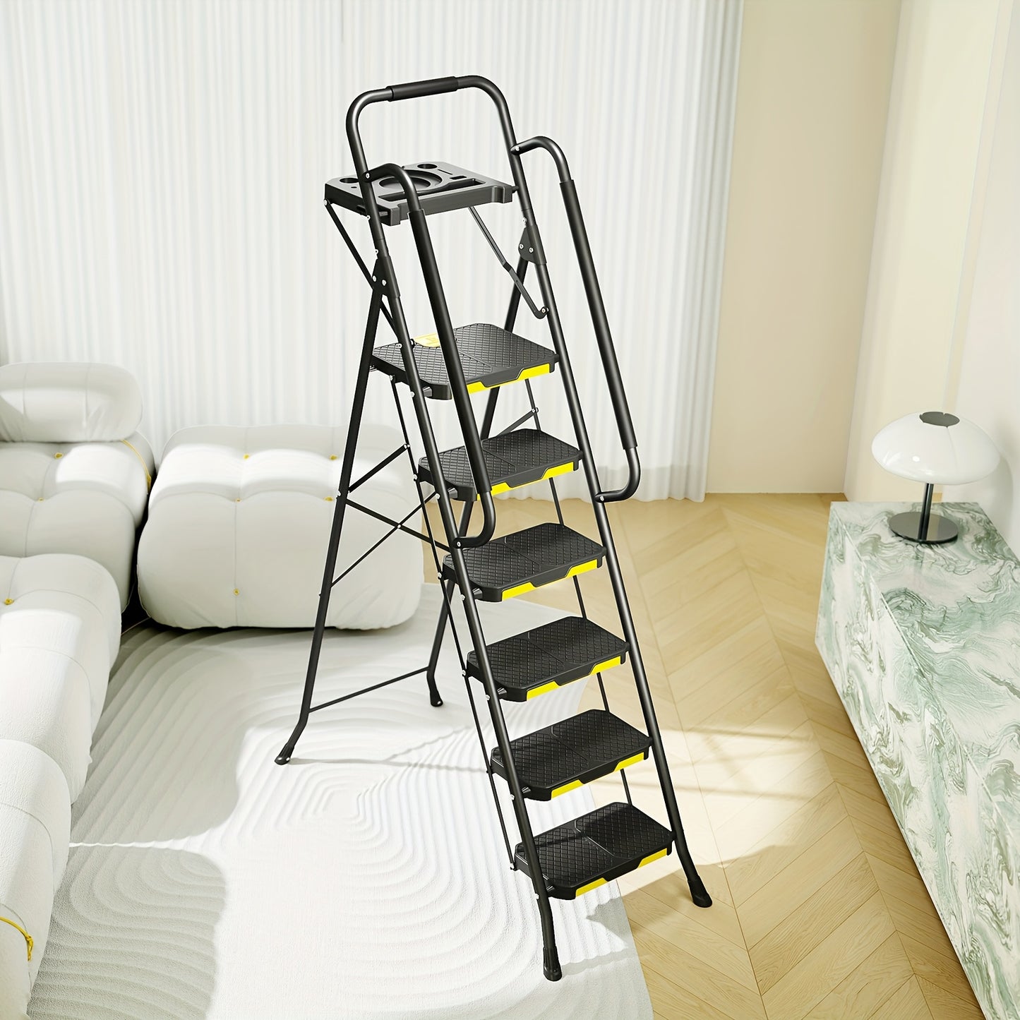 800lbs, 6-STEP - FOLDING STOOL/LADDER W/TOOL PLATFORM & HAND RAILS