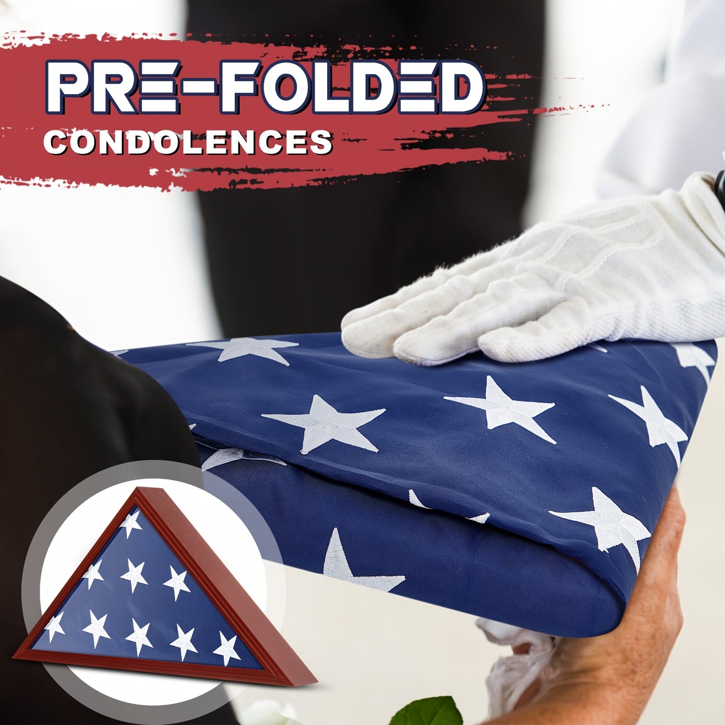 5ft x 9.5ft - FOLDED AMERICAN BURIAL FLAG W/DISPLAY CASE
