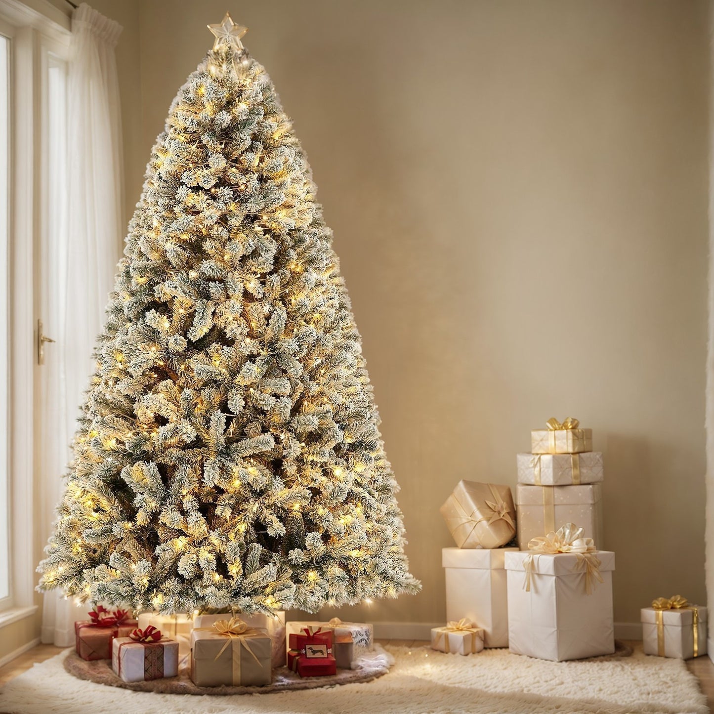 6FT - SNOW FLOCKED CHRISTMAS TREE W/250 WARM LIGHTS