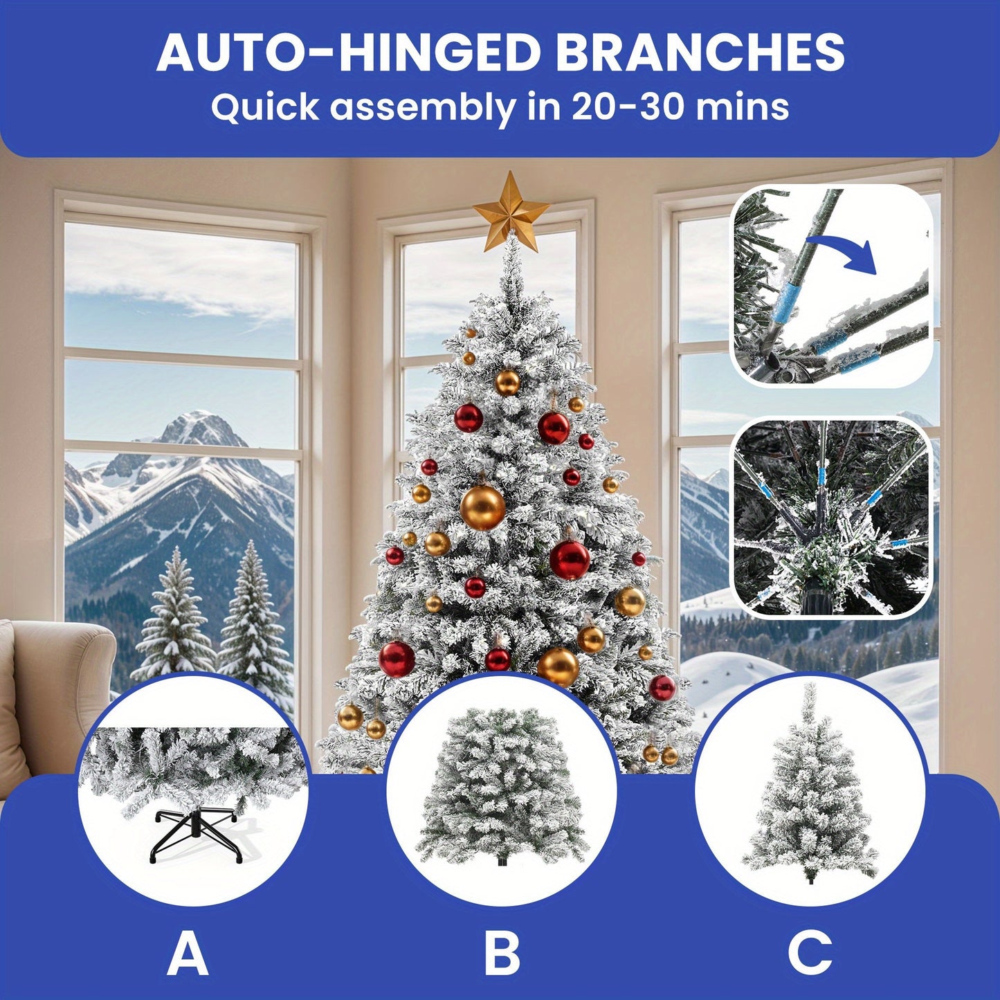 9ft - SNOW FLOCKED ARTIFICIAL CHRISTMAS TREE w/2,094 BRANCH TIPS