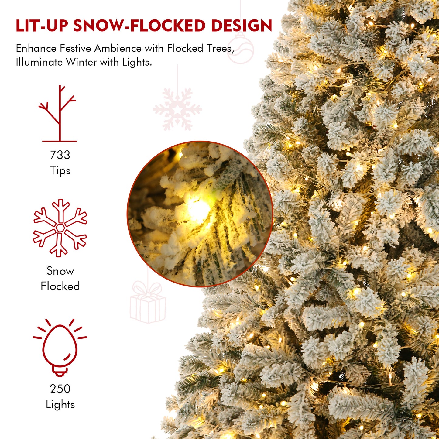 6FT - SNOW FLOCKED CHRISTMAS TREE W/250 WARM LIGHTS