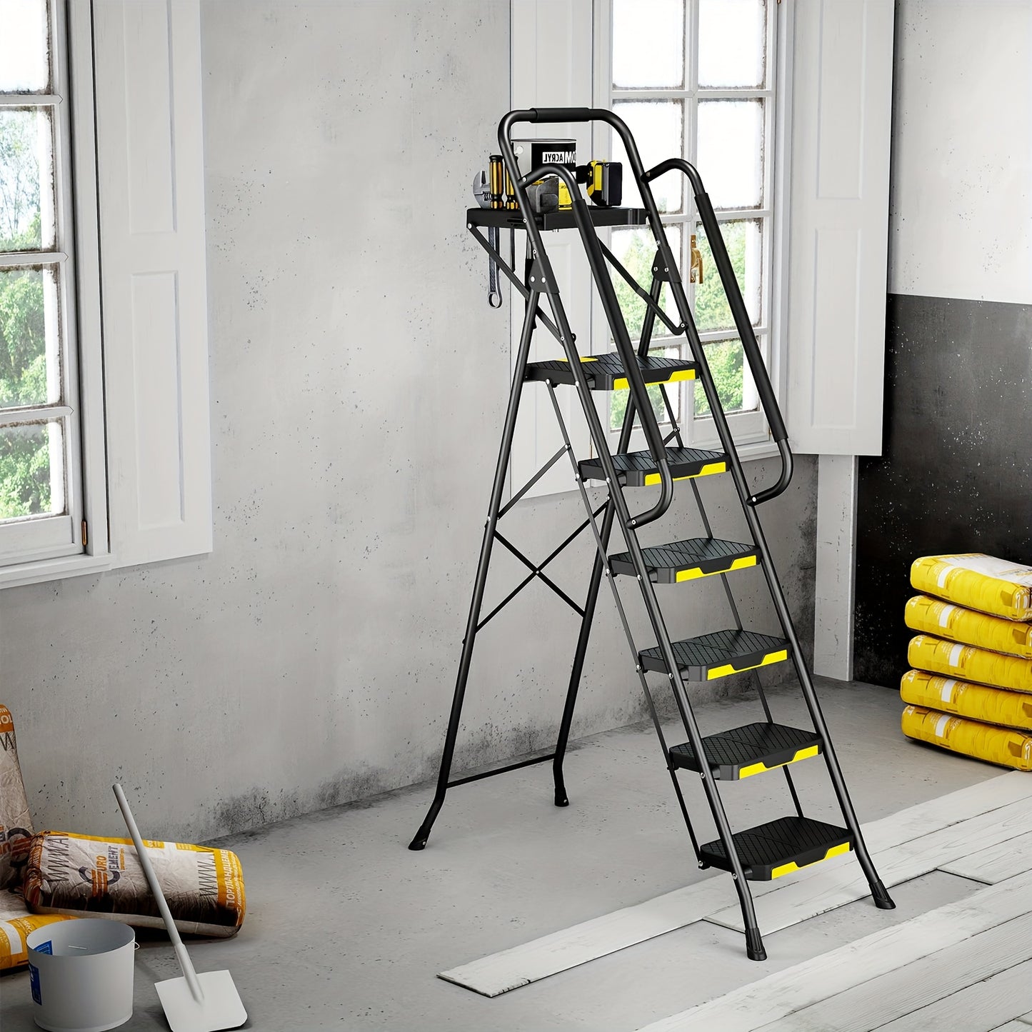 800lbs, 6-STEP - FOLDING STOOL/LADDER W/TOOL PLATFORM & HAND RAILS