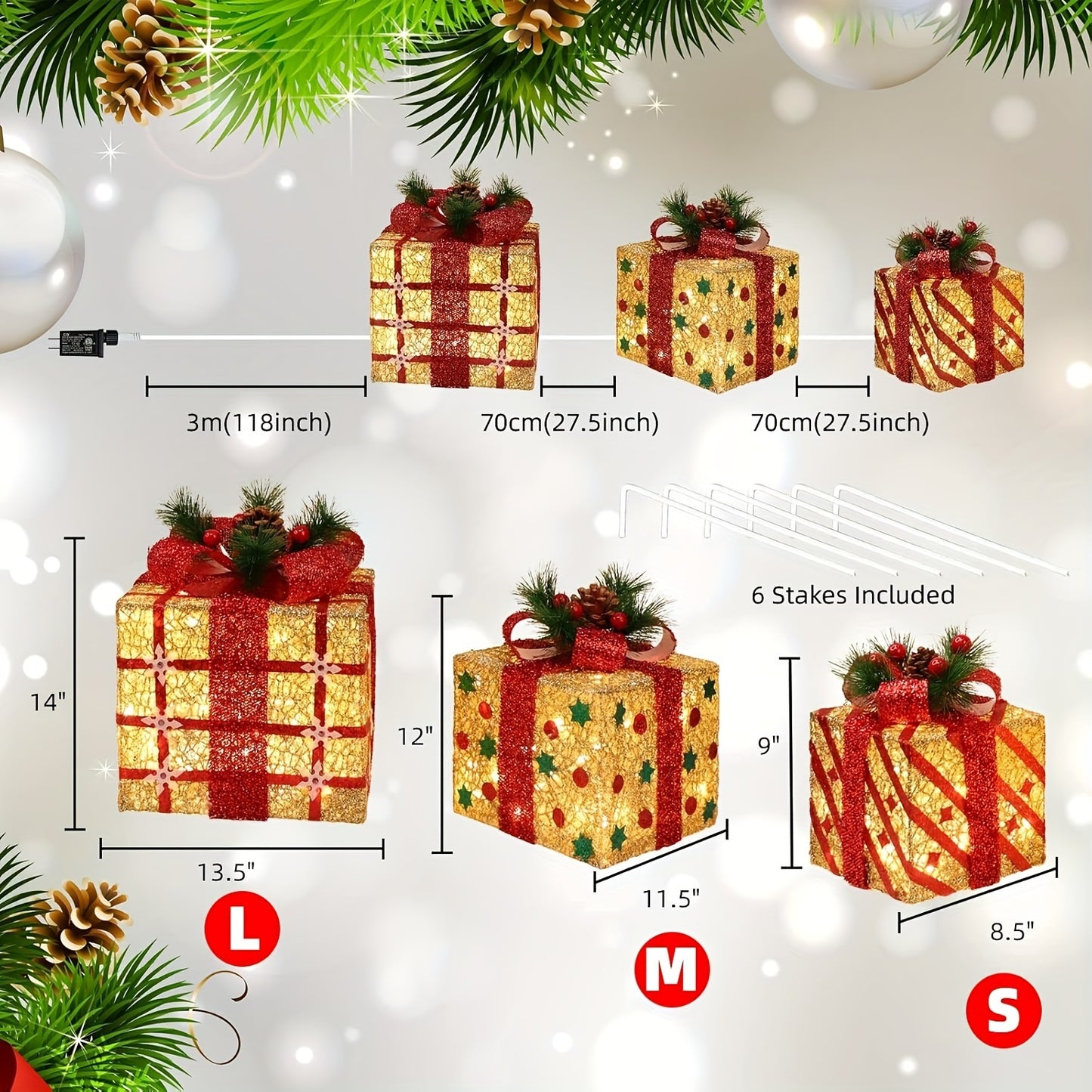 SET OF 3 - LIGHTED GIFT BOXES DECORATION W/LED LIGHTS
