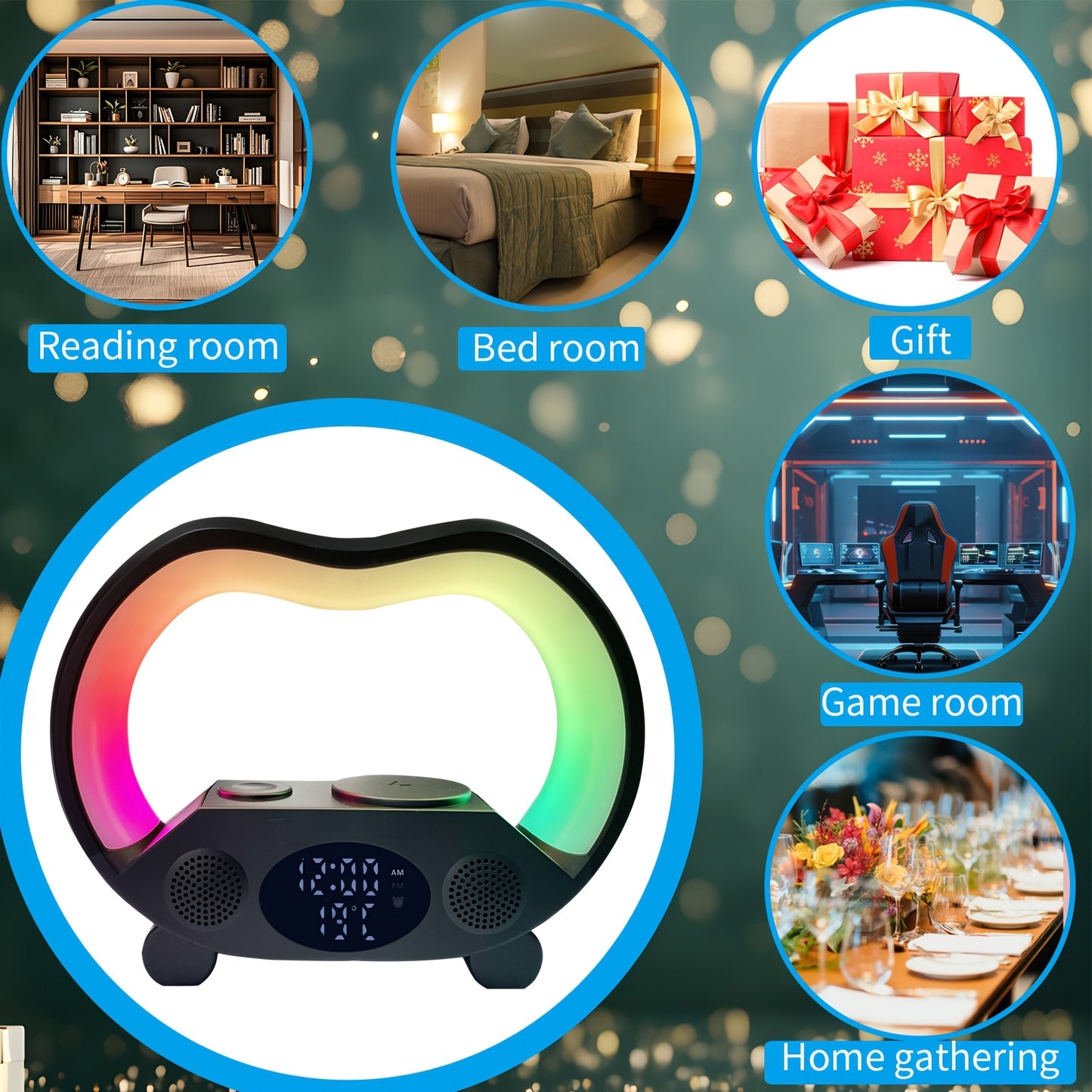 6-in-1 - NIGHT LIGHT, WIRELESS CHARGER/SPEAKER/ALARM CLOCK