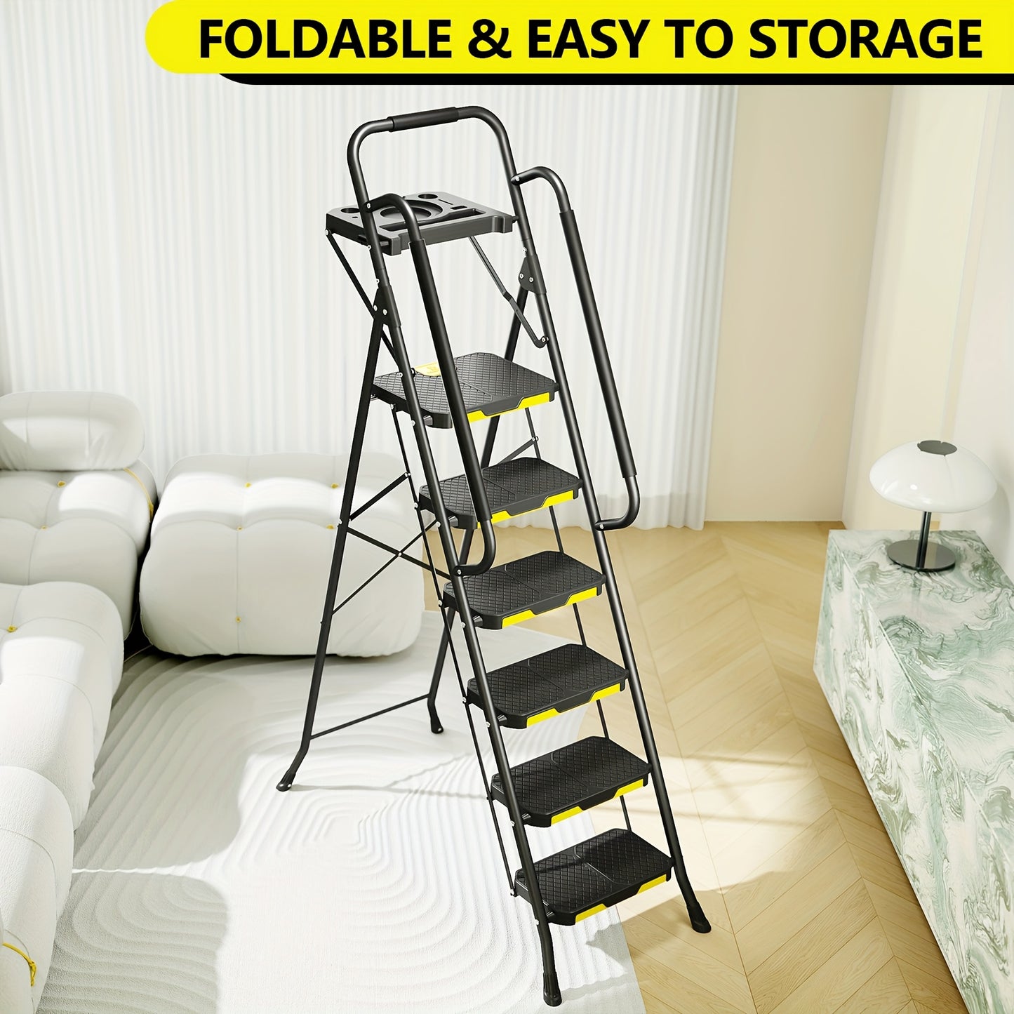 800lbs, 6-STEP - FOLDING STOOL/LADDER W/TOOL PLATFORM & HAND RAILS