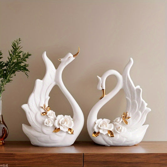 2pcs - ELEGANT CERAMIC SWAN COUPLE STATUES HOME DECORATION