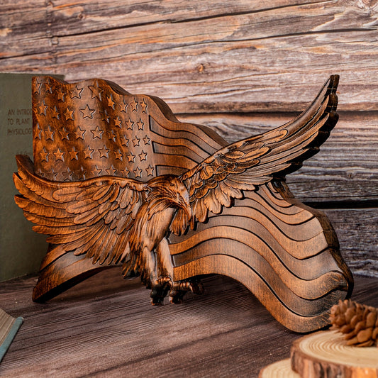 HAND CARVED WOODEN AMERICAN FLAG & BALD EAGLE