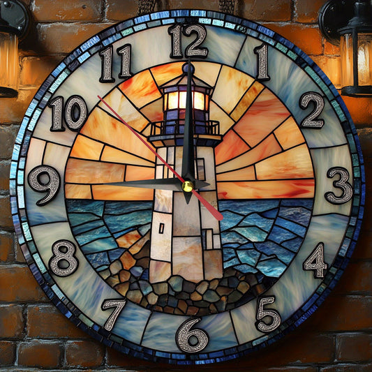 1pc 12in x 12in -  RUSTIC ROUND WOODEN LIGHTHOUSE WALL CLOCK