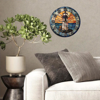 1pc 12in x 12in -  RUSTIC ROUND WOODEN LIGHTHOUSE WALL CLOCK