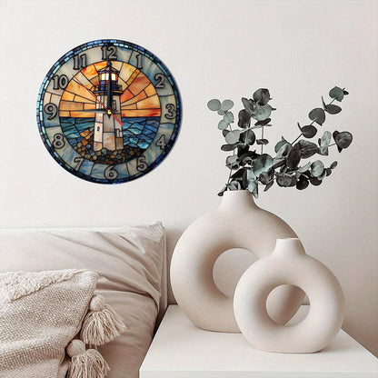 1pc 12in x 12in -  RUSTIC ROUND WOODEN LIGHTHOUSE WALL CLOCK