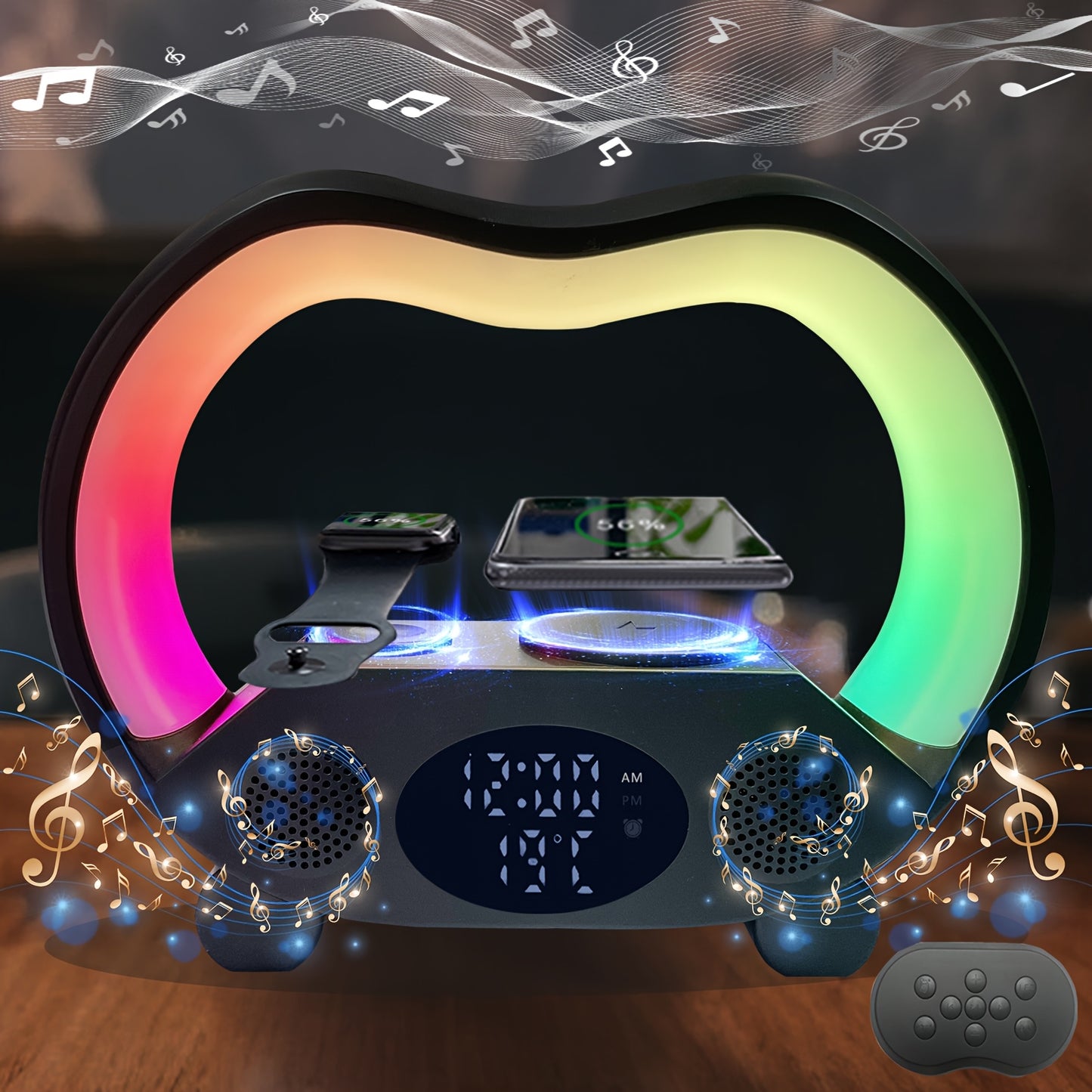 6-in-1 - NIGHT LIGHT, WIRELESS CHARGER/SPEAKER/ALARM CLOCK