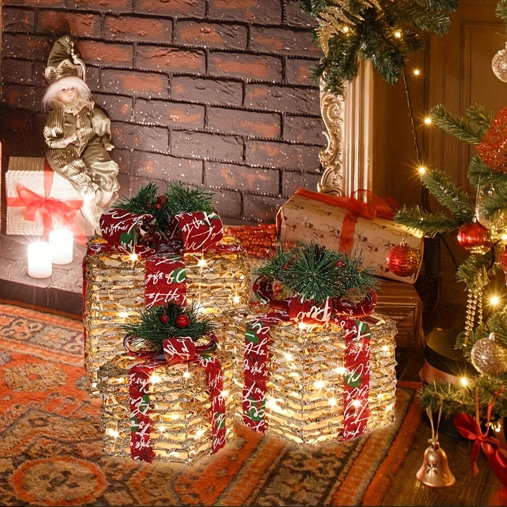 SET OF 3 - LED LIT RATTAN GIFT BOXES DECORATIONS