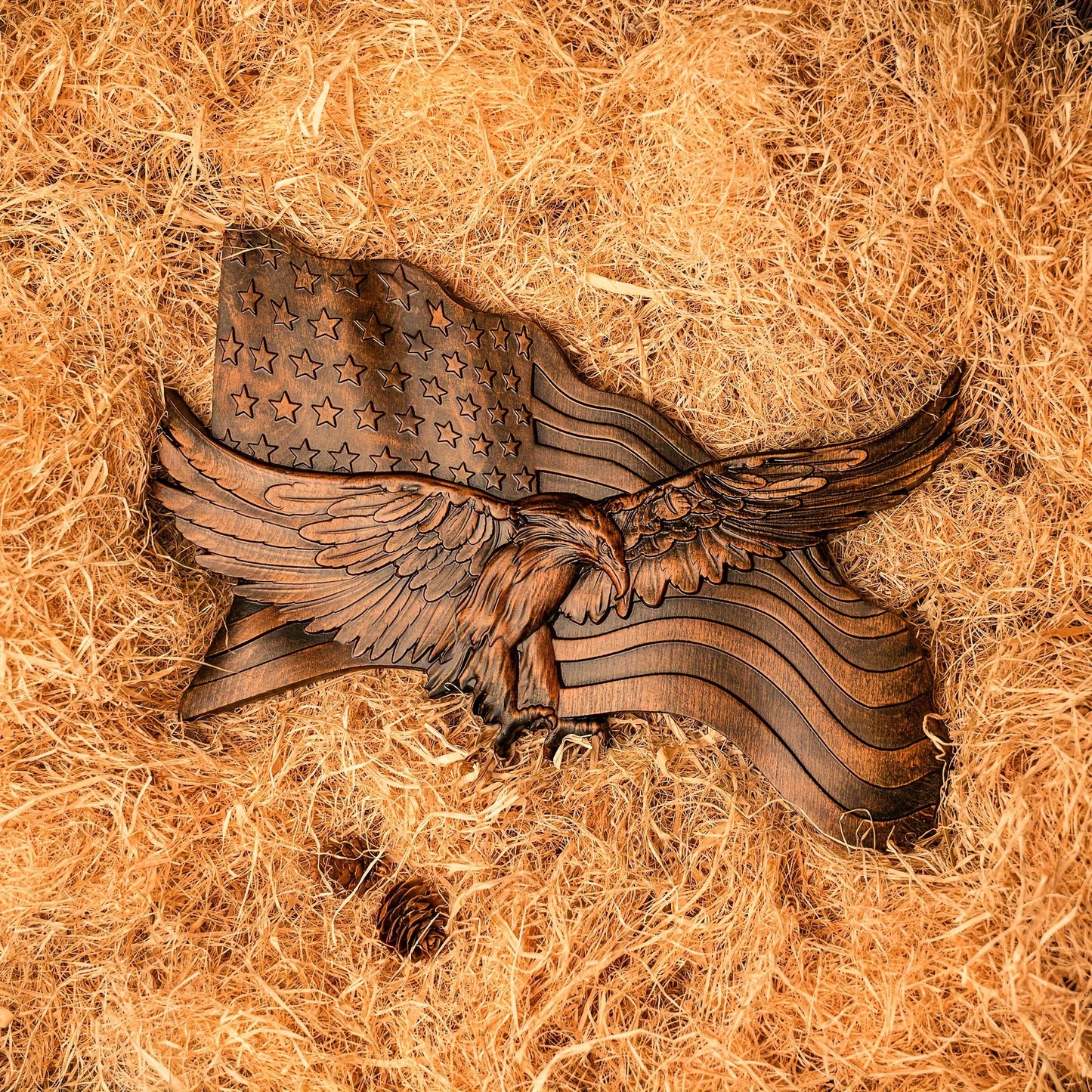 HAND CARVED WOODEN AMERICAN FLAG & BALD EAGLE