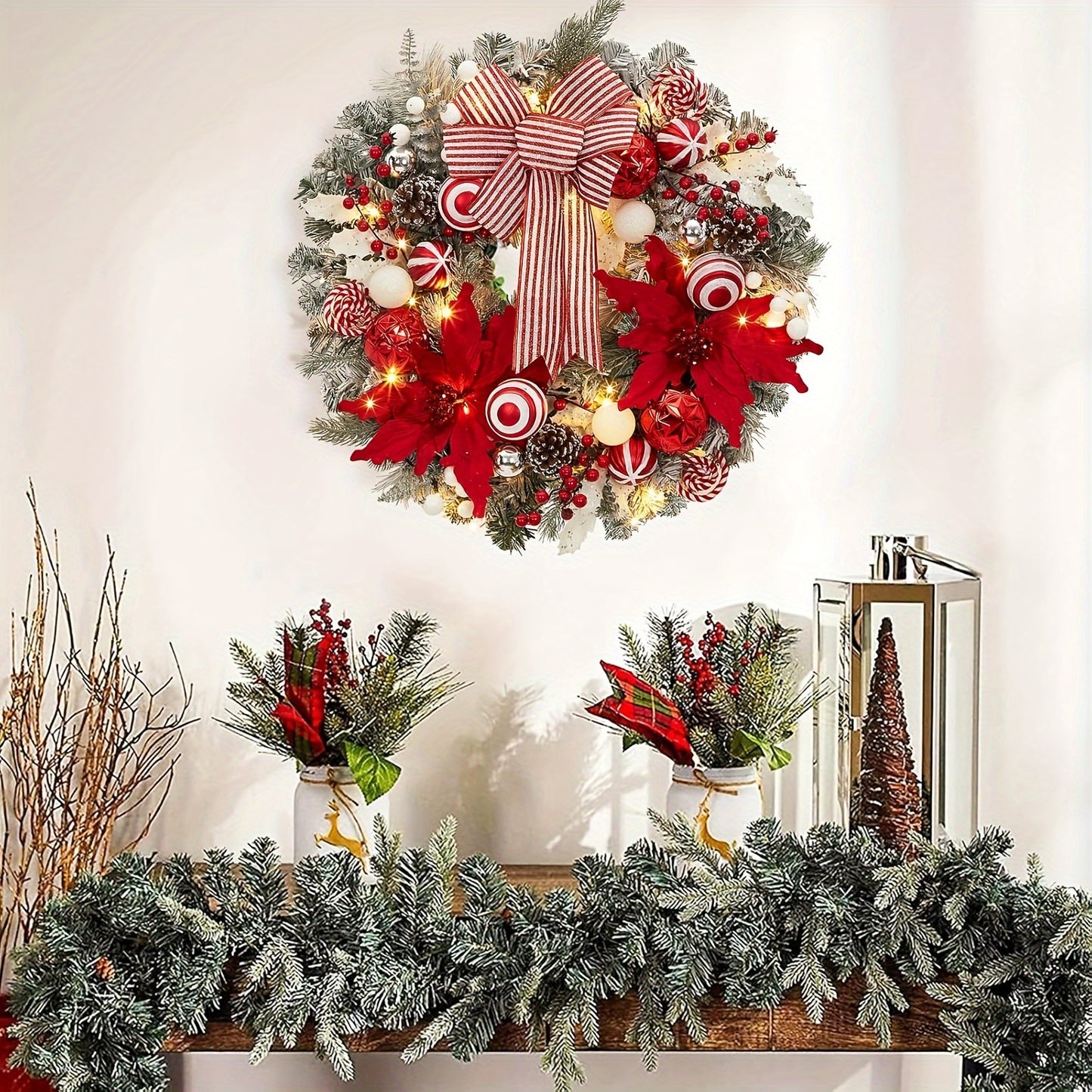 24in - PRE-LIT FRONT DOOR CHRISTMAS WREATHS WITH 20 LED LIGHTS
