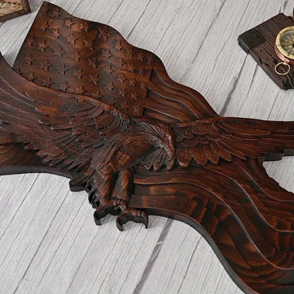 HAND CARVED WOODEN AMERICAN FLAG & BALD EAGLE
