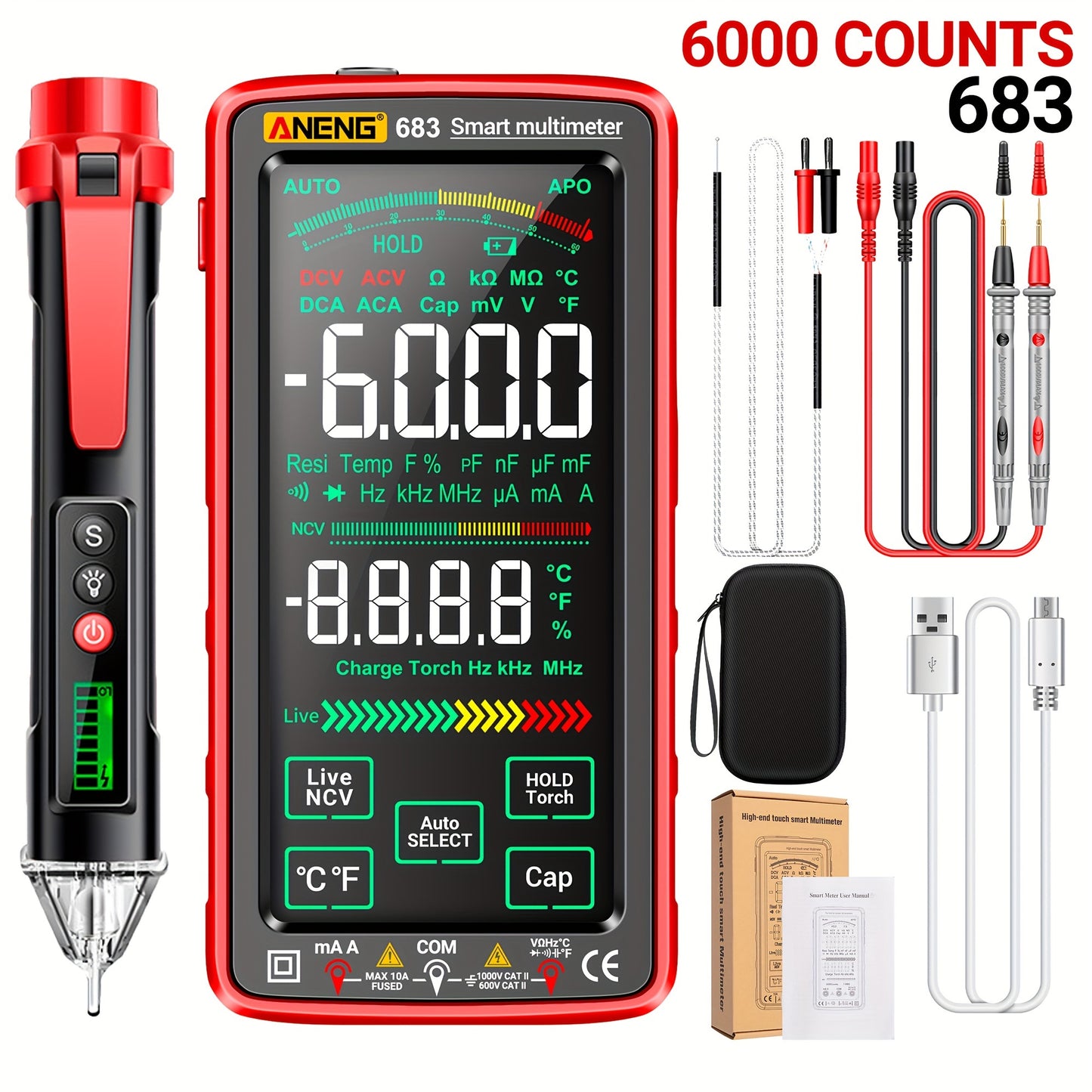 PROFESSIONAL AUTO-RANGING TOUCH SCREEN DIGITAL MULTIMETER TESTER