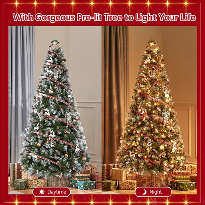 6ft/7.5ft - PRE-LIT FROSTED CHRISTMAS TREE W/FOLDABLE BASE & PVC TIPS