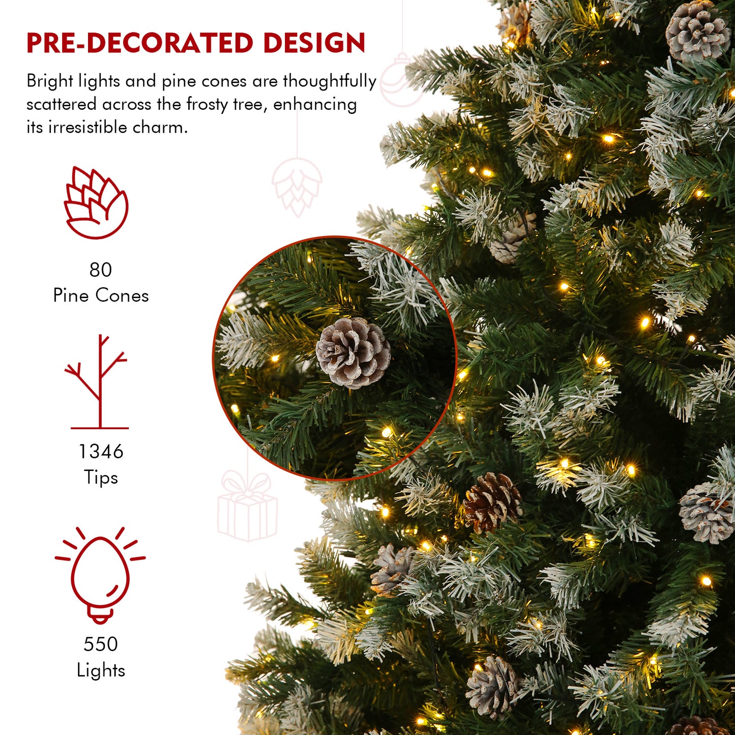 7.5ft - LARGE PRE-LIT ARTIFICIAL CHRISTMAS TREE, W/80 PINE CONES