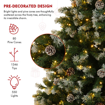 7.5ft - LARGE PRE-LIT ARTIFICIAL CHRISTMAS TREE, W/80 PINE CONES