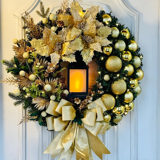 17.7 Inch LED Self-Lit Battery- Artificial Garland with Warm White & Multicolor Lights, Golden Pine Cones, Berries, Rattan Wreath-like Design - /Outdoor Christmas Door, Mantel, Staircase Decoration (No Wiring Needed)