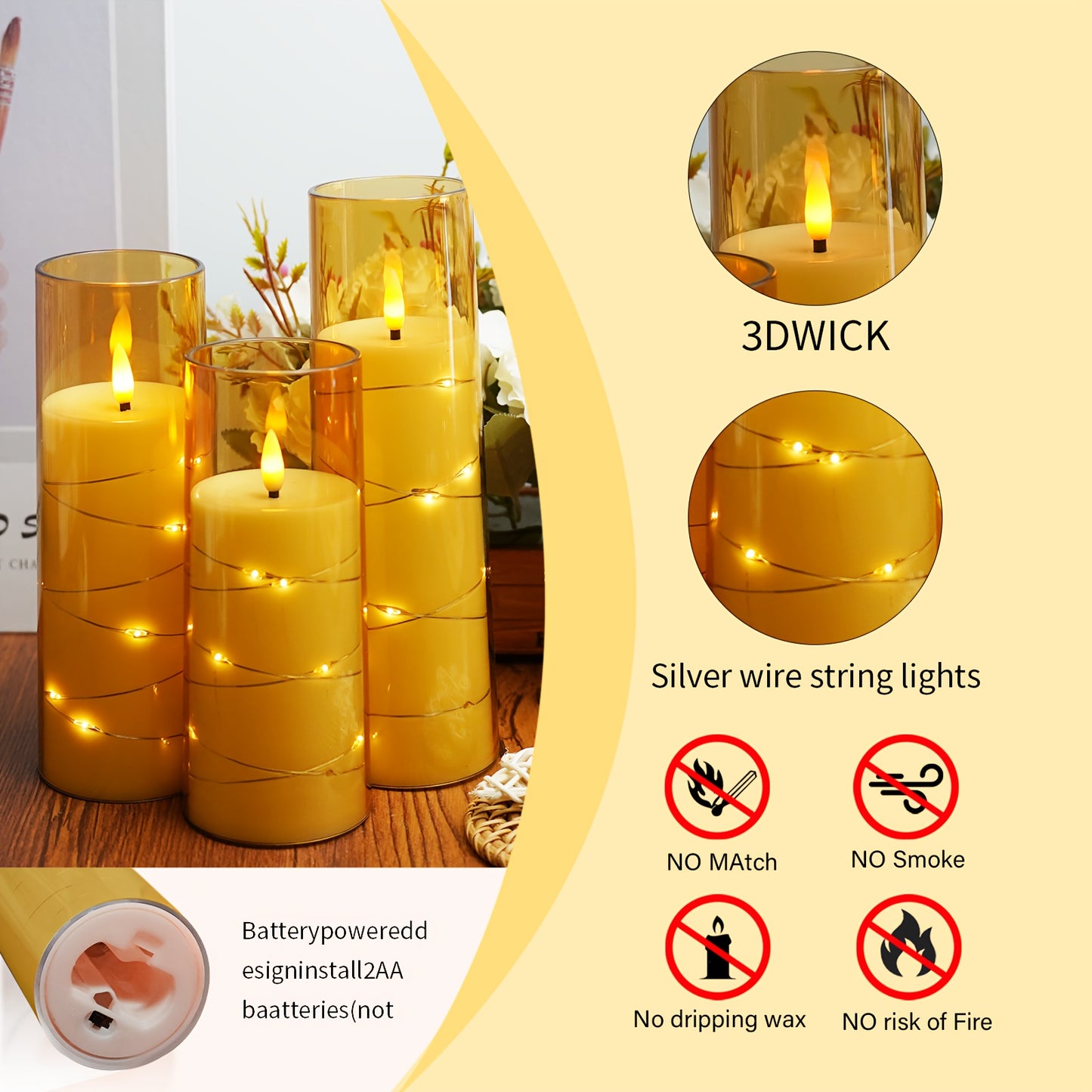SET OF 7 - FLAMELESS FLICKERING LED CANDLES W/LED LIGHTS