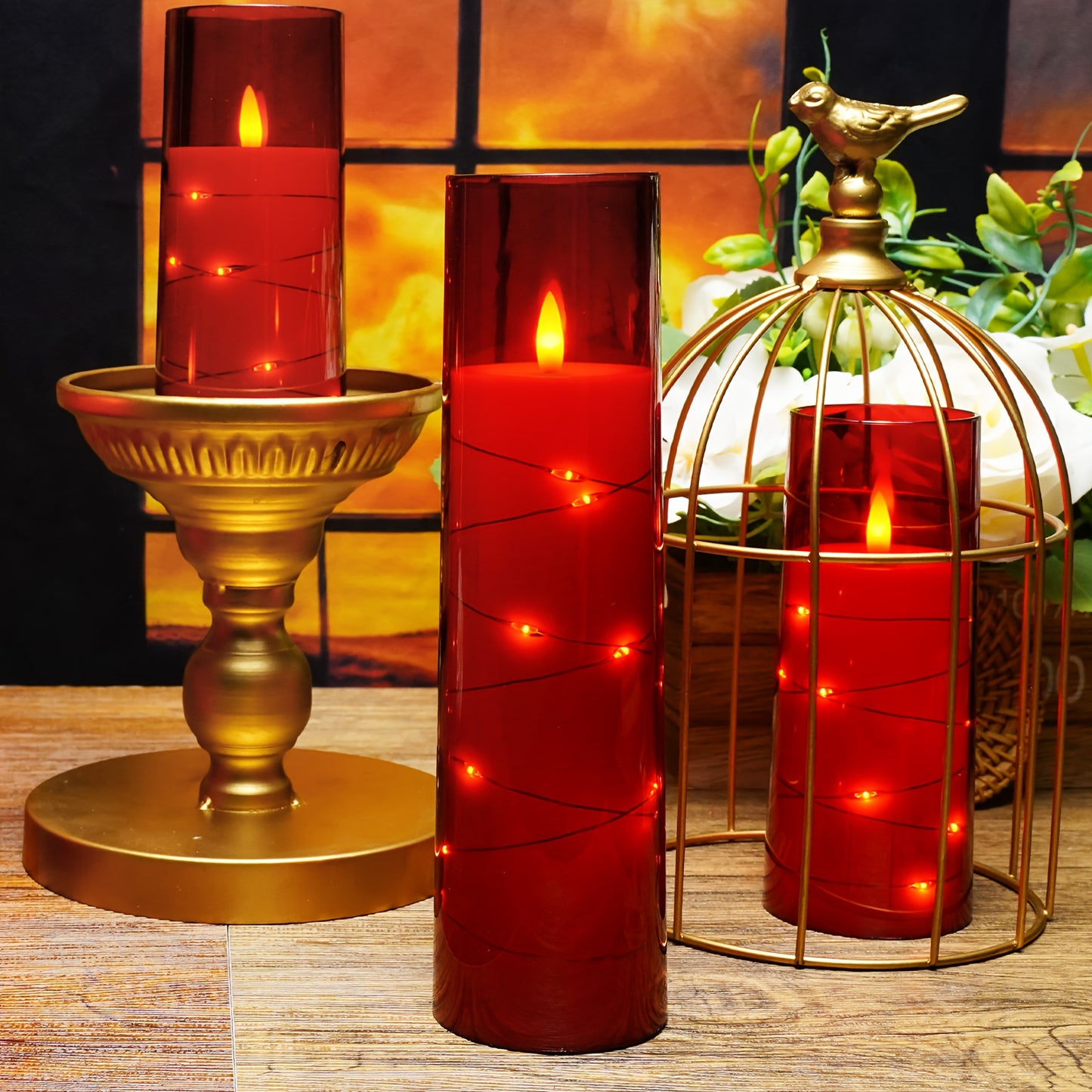 BATTERY OPERATED LED FLAMELESS CANDLE, EMBEDDED STAR STRING