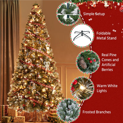 6ft/7.5ft - PRE-LIT FROSTED CHRISTMAS TREE W/FOLDABLE BASE & PVC TIPS