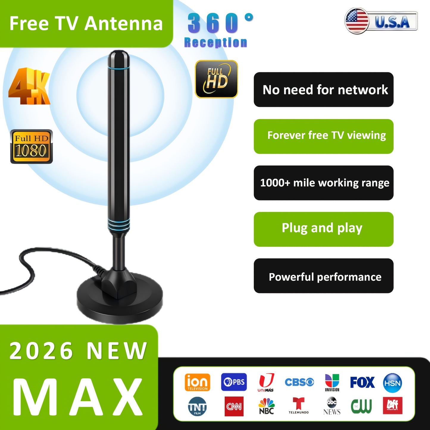 1000-MILE ACCEPTANCE RANGE DIGITAL TV ANTENNA, EASY INSTALL