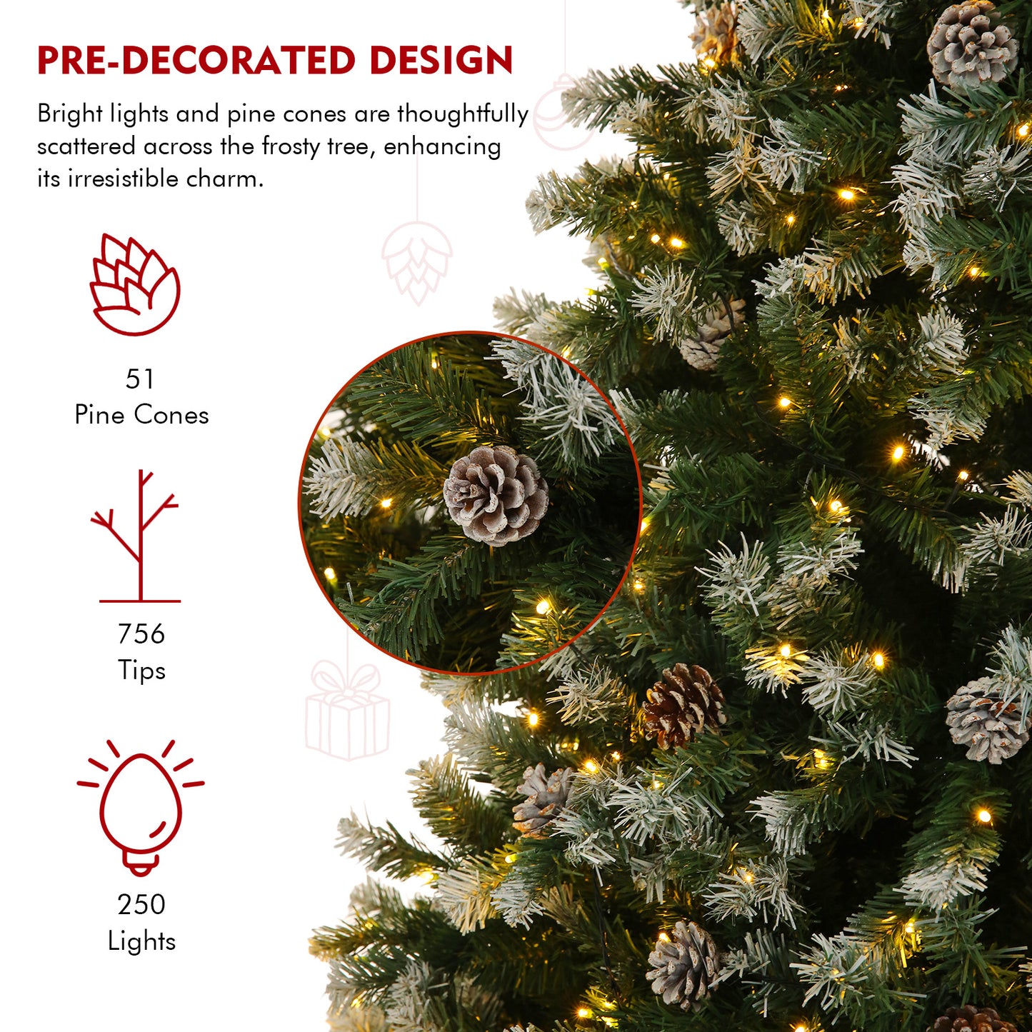 7.5ft - LARGE PRE-LIT ARTIFICIAL CHRISTMAS TREE, W/80 PINE CONES