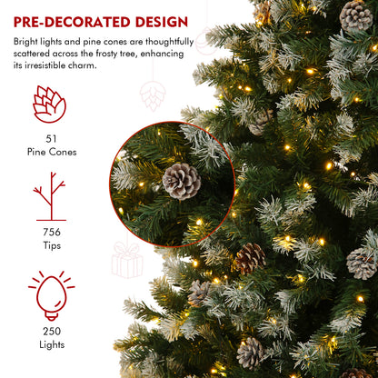 7.5ft - LARGE PRE-LIT ARTIFICIAL CHRISTMAS TREE, W/80 PINE CONES