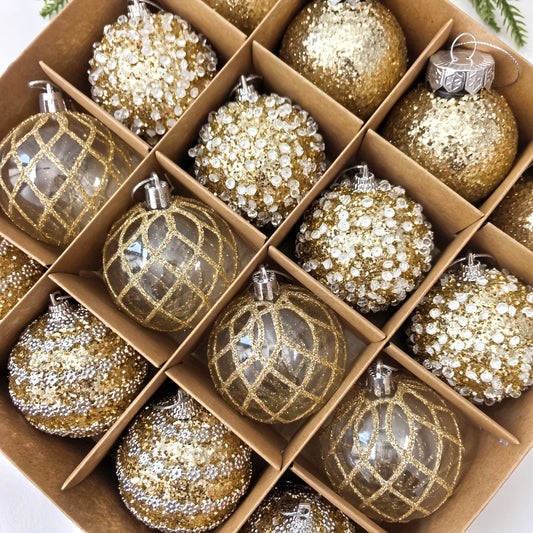16pcs, 2.36in - CHAMPAGNE PLASTIC CHRISTMAS ORNAMENT DECORATIONS