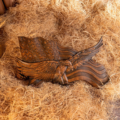 HAND CARVED WOODEN AMERICAN FLAG & BALD EAGLE