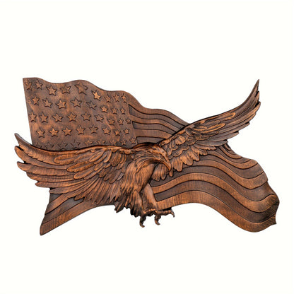 HAND CARVED WOODEN AMERICAN FLAG & BALD EAGLE