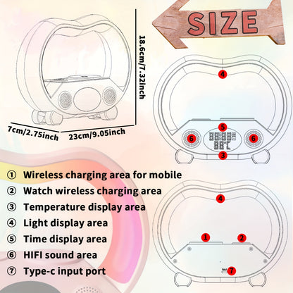 6-in-1 - NIGHT LIGHT, WIRELESS CHARGER/SPEAKER/ALARM CLOCK