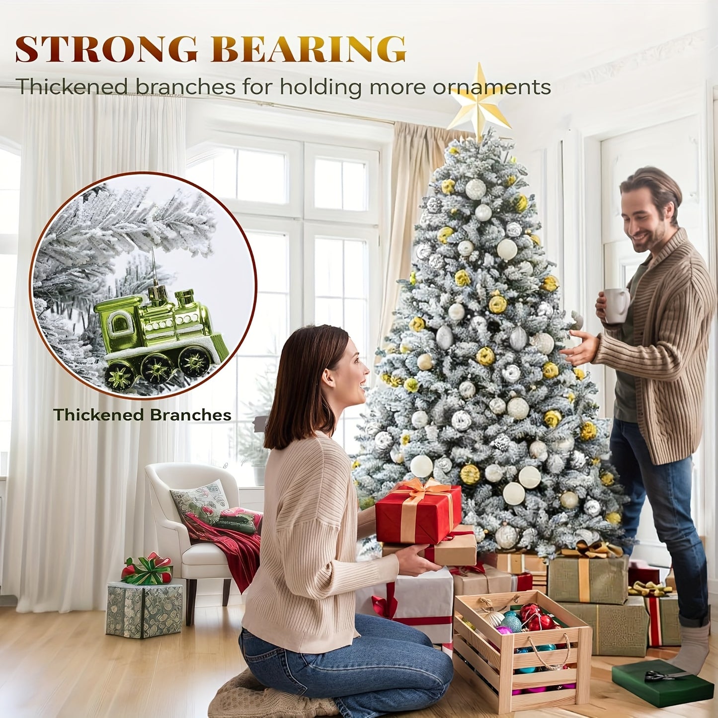 6ft/7ft/8ft - PRE-LIT DECORATIVE ARTIFICIAL CHRISTMAS TREE W/WHITE TIPS