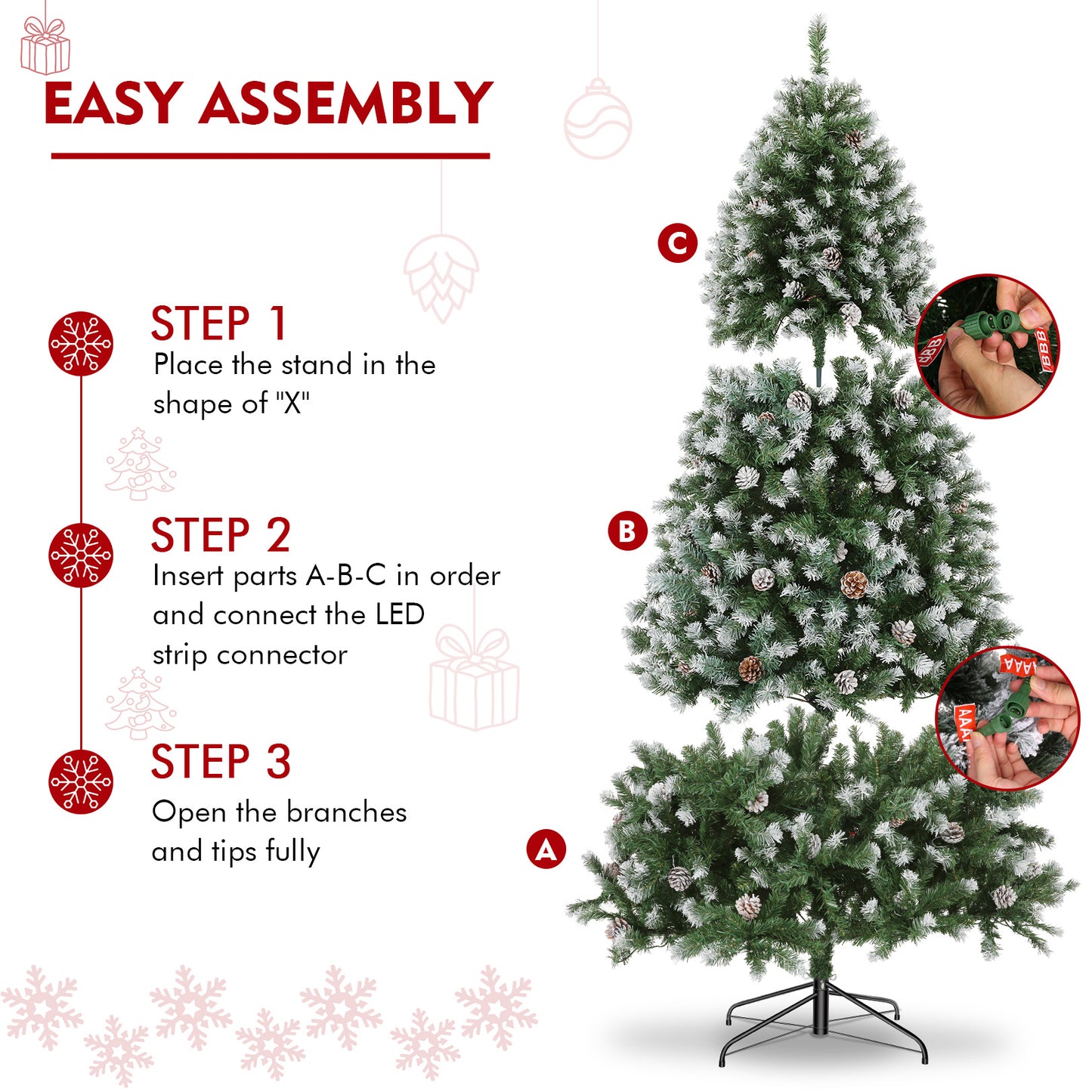 7.5ft - LARGE PRE-LIT ARTIFICIAL CHRISTMAS TREE, W/80 PINE CONES