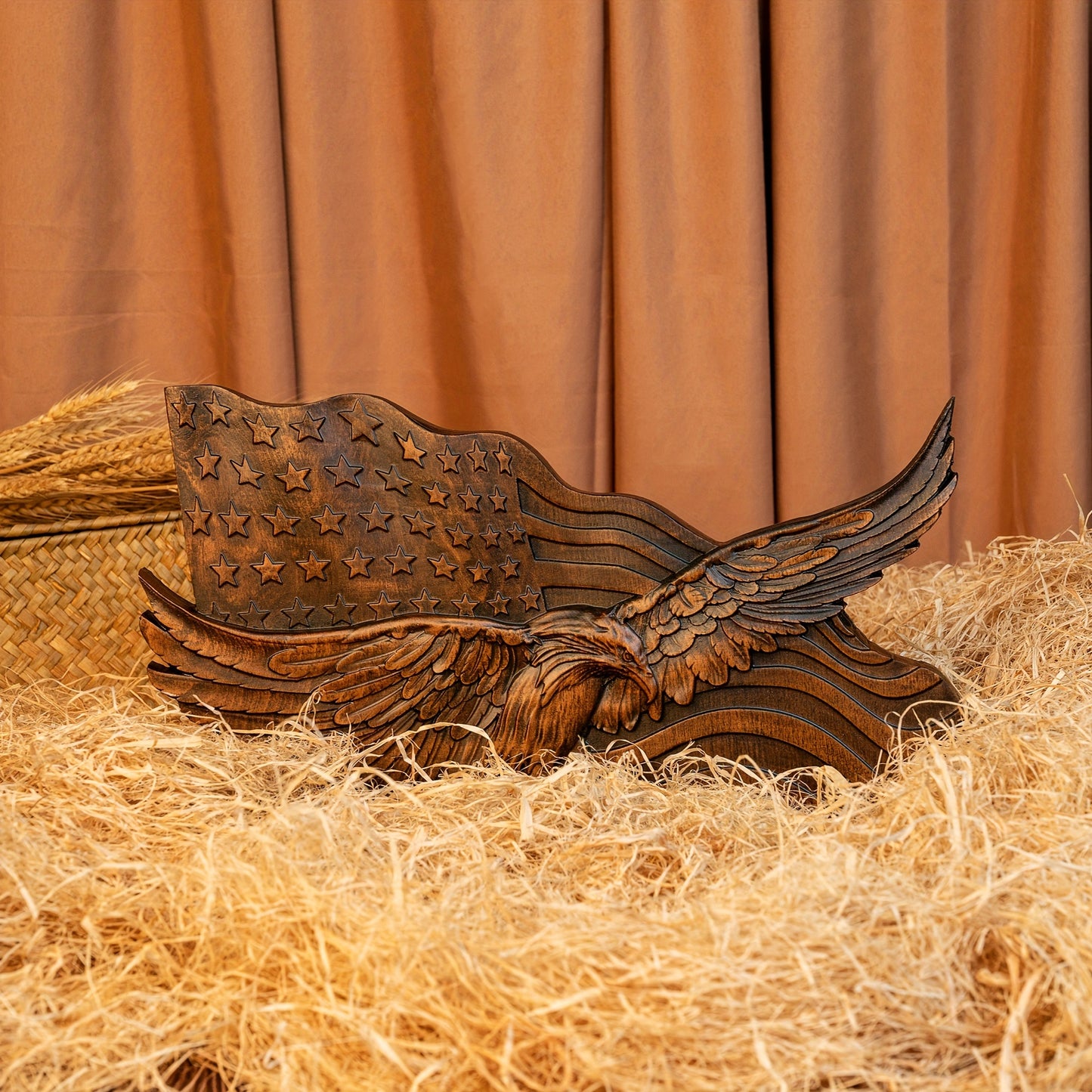 HAND CARVED WOODEN AMERICAN FLAG & BALD EAGLE