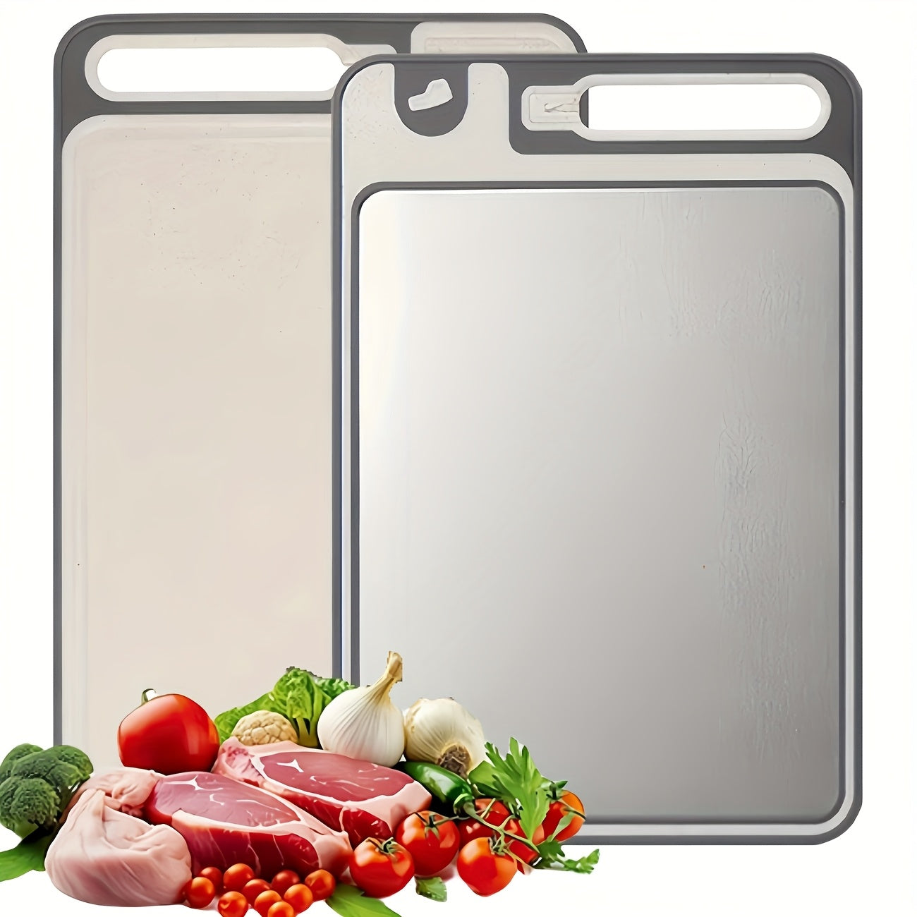 2-SIDED STAINLESS STEEL CUTTING BOARD W/DUAL SHARPENING STONE