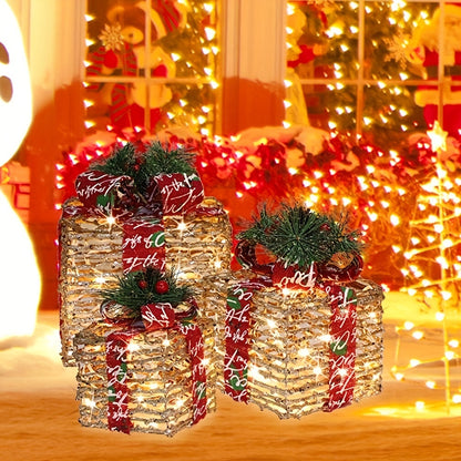 SET OF 3 - LED LIT RATTAN GIFT BOXES DECORATIONS