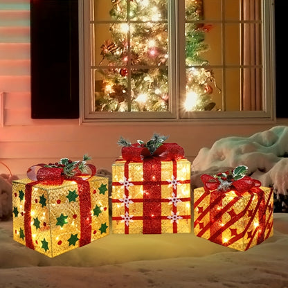 SET OF 3 - LIGHTED GIFT BOXES DECORATION W/LED LIGHTS