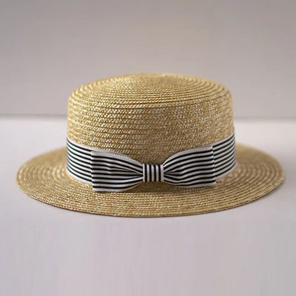 Wide Brim Flat Top Boater Stripe Ribbon Hats