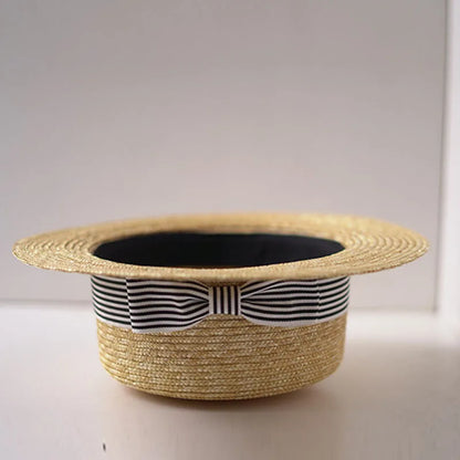Wide Brim Flat Top Boater Stripe Ribbon Hats