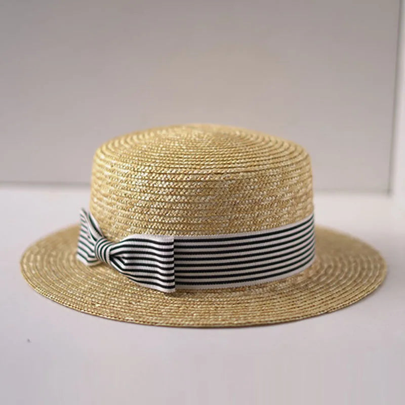 Wide Brim Flat Top Boater Stripe Ribbon Hats