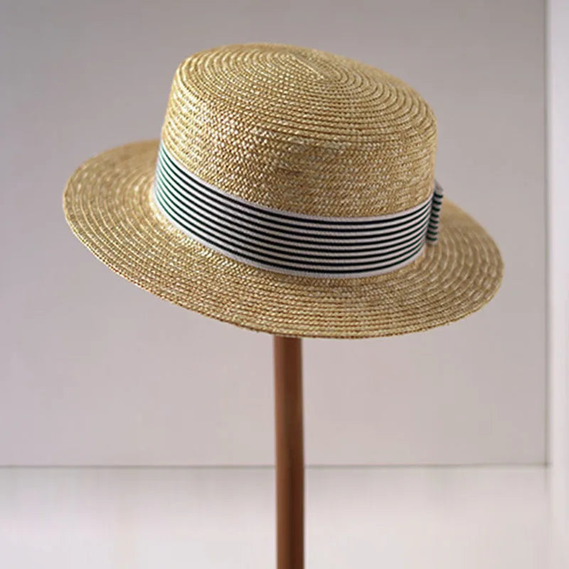 Wide Brim Flat Top Boater Stripe Ribbon Hats