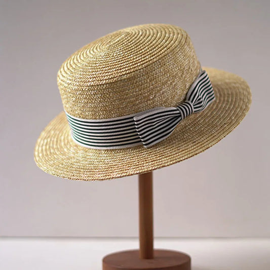 Wide Brim Flat Top Boater Stripe Ribbon Hats