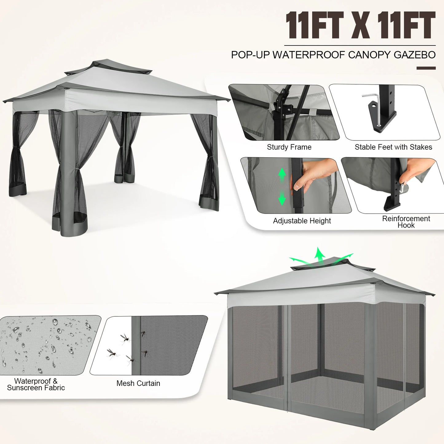 11-Feet x 11-Feet - Pop-Up Backyard Gazebo W/Mosquito Netting & Carrying Bag
