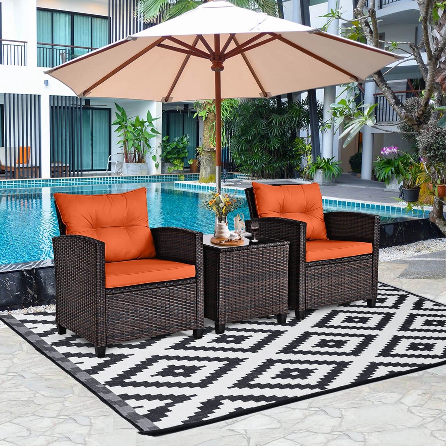 3PCS - PATIO RATTAN ORANGE CUSHIONED CONVERSATION SET FURNITURE