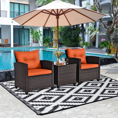 3PCS - PATIO RATTAN ORANGE CUSHIONED CONVERSATION SET FURNITURE