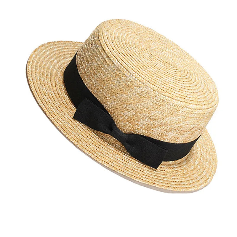 Wide Brim Flat Top Boater Stripe Ribbon Hats