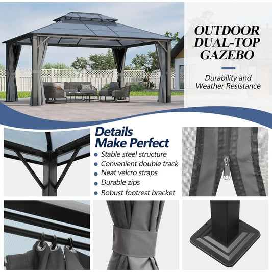12-Foot x 16-Foot - POLYCARBONATE HARDTOP DOUBLE ROOF GAZEBO W/NETTING